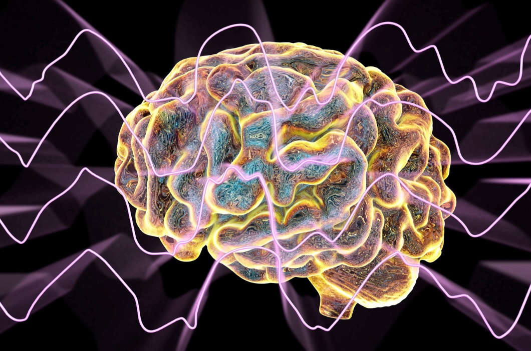 Illustration d'un cerveau traversé par des ondes électriques, symbolisant le processus créatif et l'activité cérébrale durant l'écriture.