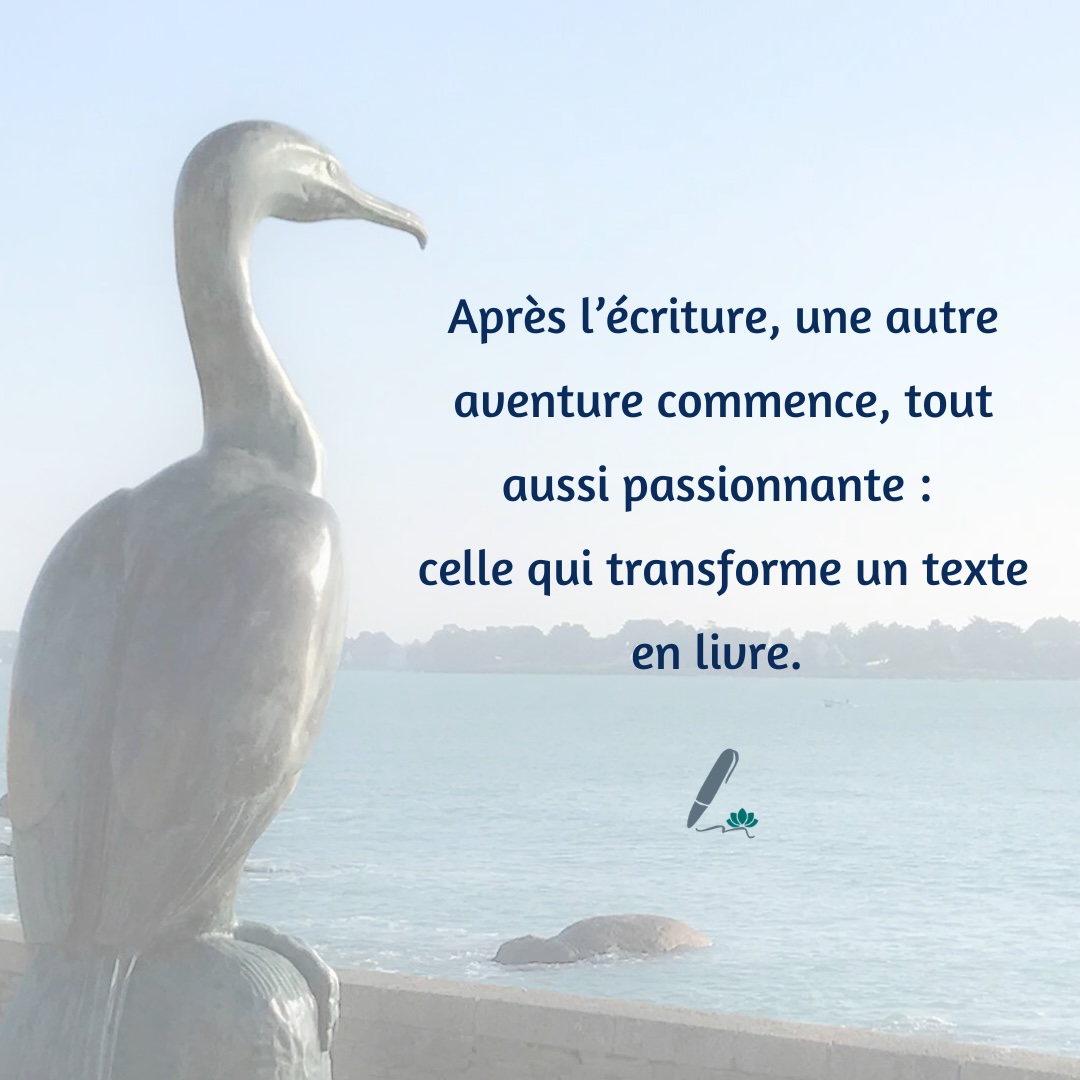 Citation sur l’écriture et la publication d’un livre devant une statue de cormoran face à la mer