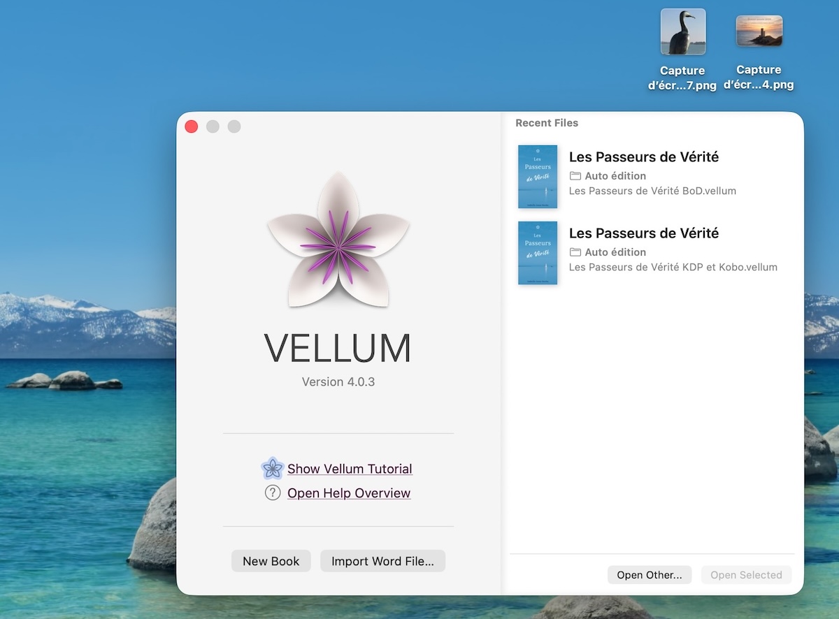 Écran d’accueil du logiciel Vellum utilisé pour la mise en page d’un ebook en autoédition